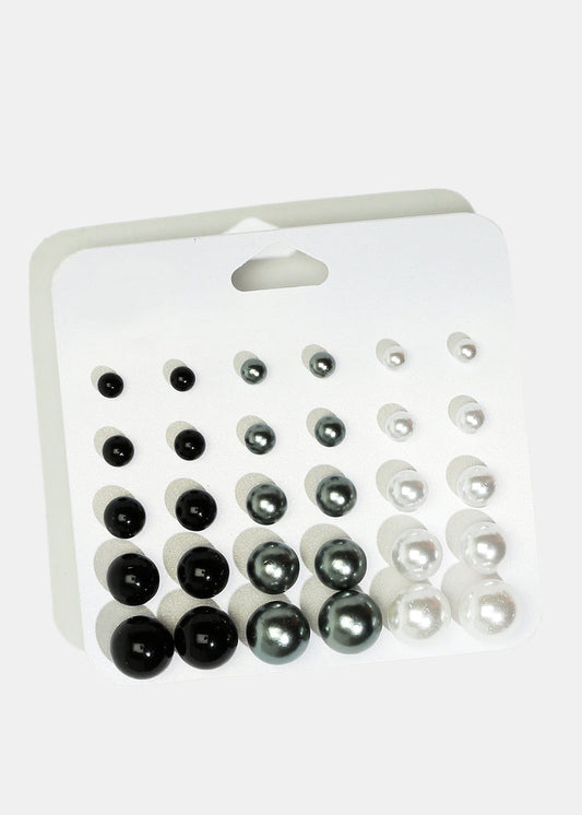 15-Pair Multi-Size Pearl Stud Earrings