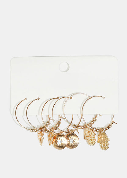 3-Pair Multi-Charm Hoop Earrings