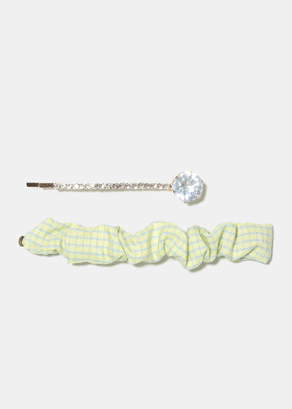 2 Piece Plaid & Gemstone Hair Pins